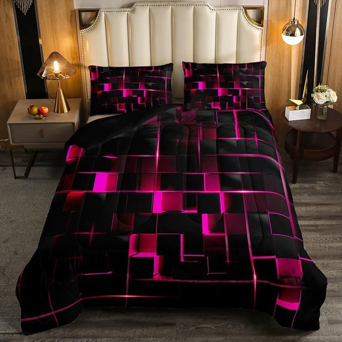 Erosebridal Pink Black Bedding Set Twin Size Neon Geometric Kids Comforter Set 2 Pcs Honeycomb Bed Sets Modern Quilt,1 Comforter 1 Pillow Case Cool Room Decor, Bside Black