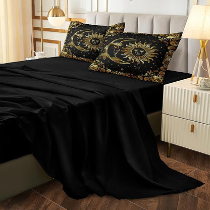 Black Gold Comforter Sets Sun and Moon Bedding Gold Stars Starry Sky Galaxy Theme Boho Chic Bedding Comforter Paisley Floral Botanical Exotic Comforter King Bed in A Bag