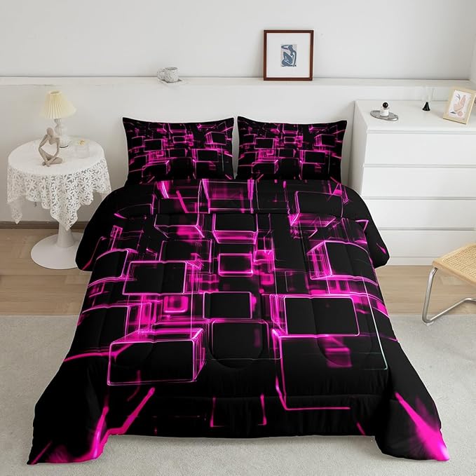 Erosebridal Girly Pink and Black Kids Comforter Set, Modern Abstract Geometric Square Bedding Sets for Boys Girls Gradient Neon Light Honeycomb Duvet Insert Queen with 2 Pillowcases