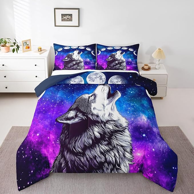 Erosebridal Howling Wolf Quilted Duvet Blue Purple Starry Sky Bedding Set Full Size,Galaxy Series Comforter Set for Child Teens Youth Man,Stars Moon Duvet Filler Wild Animal Themed Room Decor