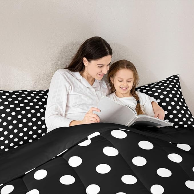 Manfei Polka Dots Comforter Set Queen Size,Cartoon French Style Dots Black White Bedding Set for Teens Adults,Modern Geometric Circles Abstract Simple Art Comforter,3 Pcs 2 Pillowcases