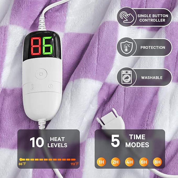 Heated Electric Blanket Throw, 50X60 Heating Blanket with 10 Heat Level & 8 Hours Auto Off for Lap, Light Purple Checkered Plaid Soft Sherpa Blankets Warmer Gifts for Couch Grandma Women Adults