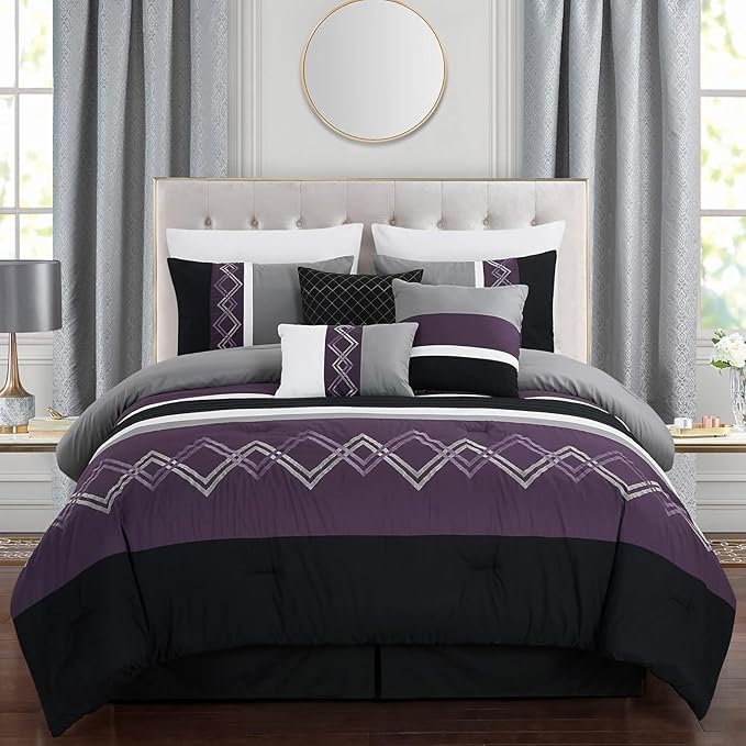 Chezmoi Collection Arden 7-Piece Modern Pleated Stripe Embroidered Zigzag Bedding Comforter Set (Oversized King, Purple/Black/Gray/White)
