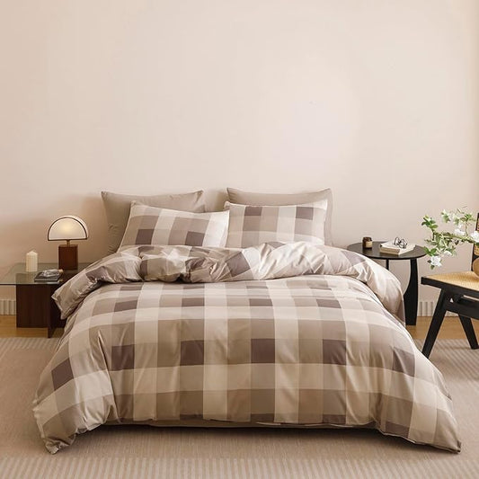 KAREVER Gingham Checkered Comforter Cal King Khaki Plaid Bedding Set Boys Girls Colorful Grid Cottagecore Blanket California King