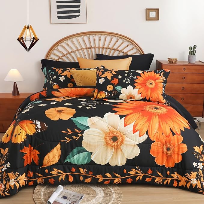 EVENHUG King Comforter Set 7 Pieces Lightweight Soft Queen Size Comforters for All Season Floral Bedding Sets Bed in a Bag with Flat Sheet and Fitted Sheet Pillowcases (104"x90")