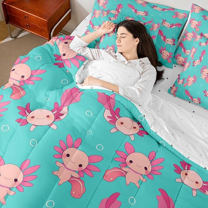 Erosebridal Axolotl Bed in A Bag King | Kawaii Pink Salamander Wildlife 7 Piece Comforter Set Wild Animals Sheet Set Breathable Lightweight Underwater World Fitted Sheet Reversible