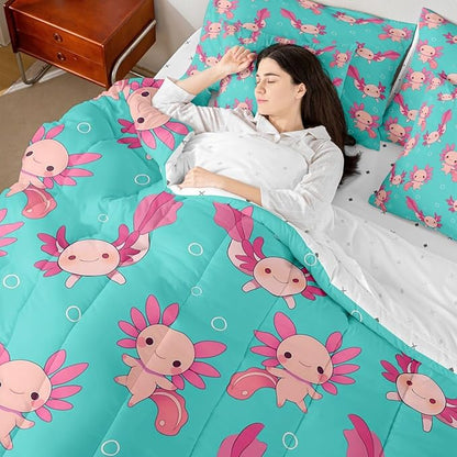 Erosebridal Axolotl Bed in A Bag King | Kawaii Pink Salamander Wildlife 7 Piece Comforter Set Wild Animals Sheet Set Breathable Lightweight Underwater World Fitted Sheet Reversible
