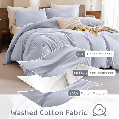 Sanracie King Comforter Set, Cotton Linen Feel Textured Comforter Set Cornflower Blue, Simple King Bedding Set 3pcs(1 Aesthetic Solid Comforter + 2 Pillowcases) Soft