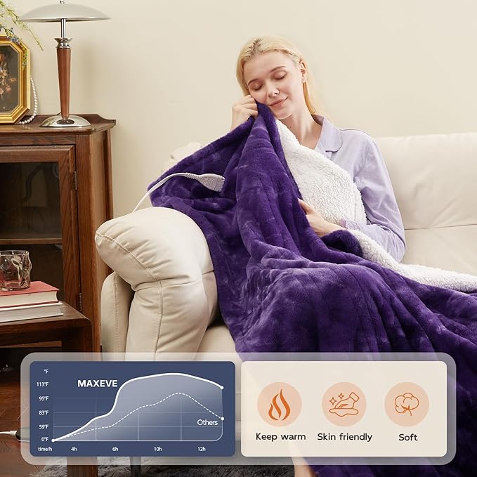 MAXEVE Electric Heated Throw Rabbit Faux Fur Blanket with 8 Heating Levels & 8H Auto Off, Fast Heating Warm Cozy Sherpa Washable Electric Blanket with Over-Heat Protection, ETL Certification, Purple