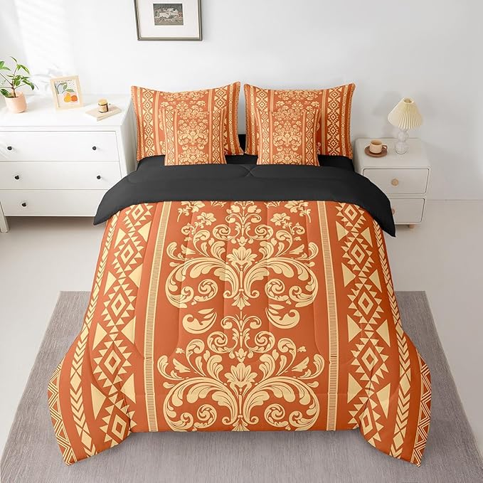 Comforter Set King Size, Orange Aztec Damask 7 Pcs Bedding for Kids and Adults, Victorian Decor Western Baroque Goth Bed Sheet Sets with Fitted Sheet 2 Pillowcases & 2 Shams for Bedroom Bed Decor