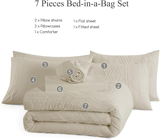 King Size Comforter Set Beige, Tufted Boho Bedding Farmhouse Bed Set, All Season 7 Pieces Bed in a Bag with Sheets, Pillowcases & Shams