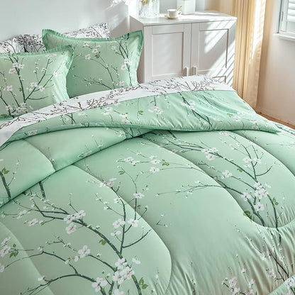 Green Comforter Sheet Set Bed in a Bag 7 Pieces Queen Size Tree Branch Bloom Flower Microfiber Reversible Bedding Set (1 Comforter 2 Pillow Shams 1 Flat Sheet 1 White Fitted Sheet 2 Pillowcases)