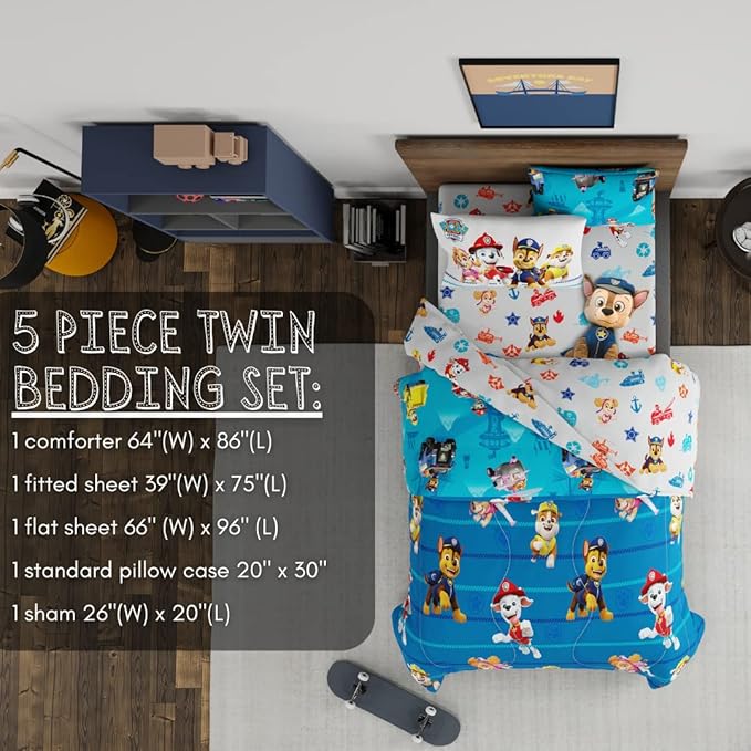 Paw Patrol Kids Bedding Super Soft Comforter and Sheet Set with Sham, 5 Piece Twin Size, (100% Officially Licensed Nickelodeon Product) By Franco