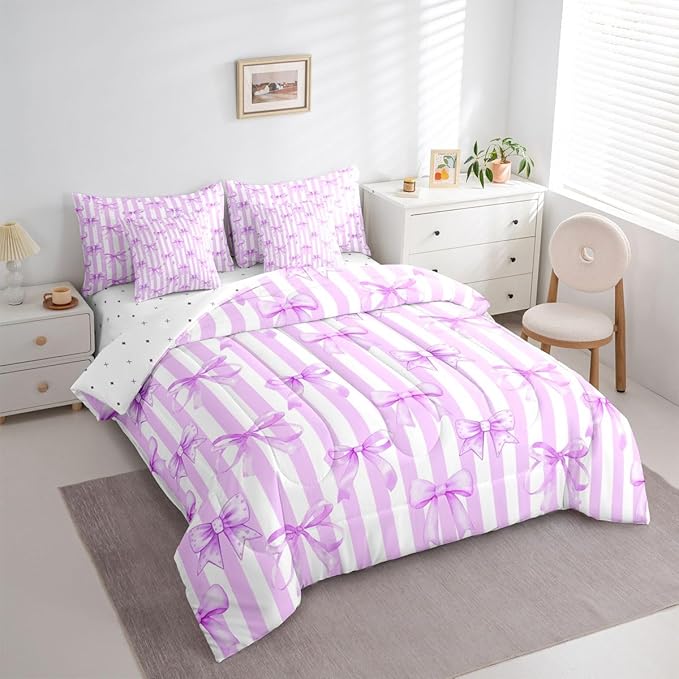 Erosebridal Bowknot White Purple Girls Kawaii King 7-Piece Comforter Set | Geometric Sheets and Pillowcases Cute Bow Bed in A Bag Stripe Bed Sets