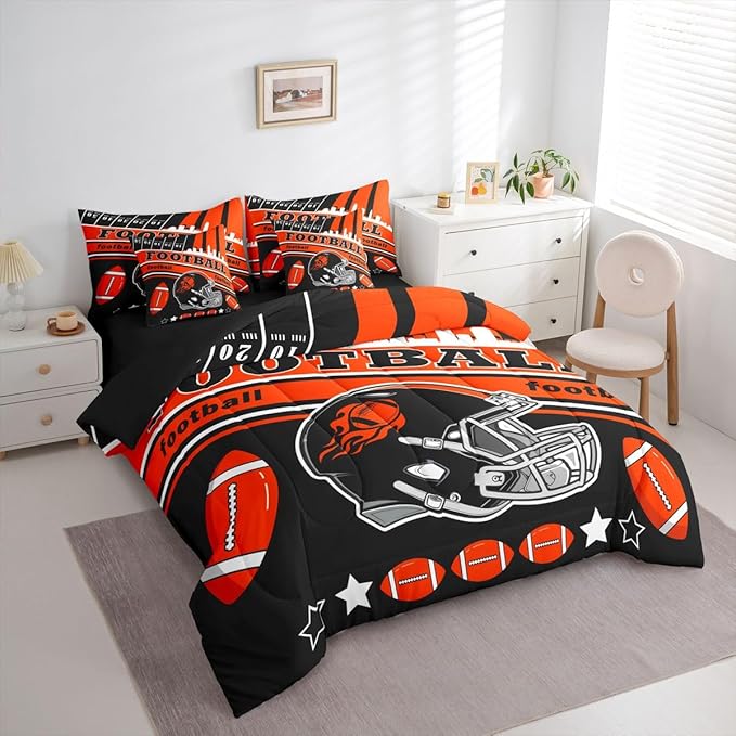 Feelyou Football 7 Pieces Comforter Sets King Size Kids Rugby Sports Bedding Set for All Season Football City Bed in a Bag with Comforter, Sheets, Pillowcases & Cushion Cover