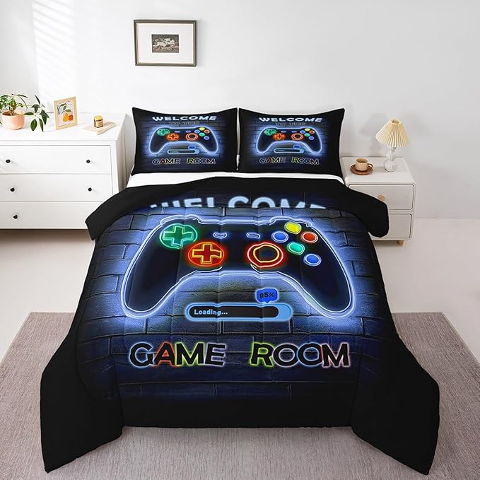 jejeloiu Blue Gamer Gaming Bedding Set King Size for Boys Game Console Comforter Set Kids Teens Neon Light Duvet Set Cool Game Room Decor Quilt Set 3Pcs