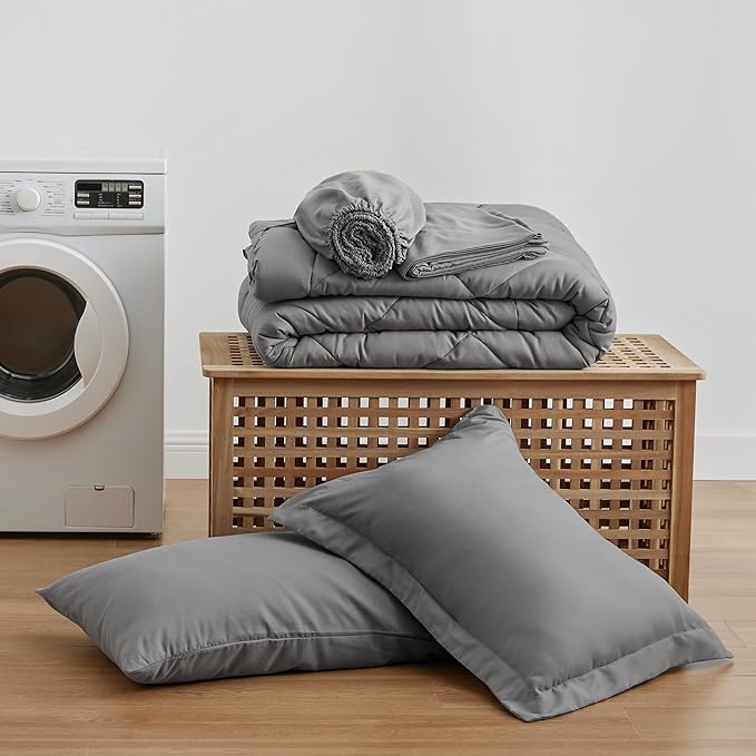 Love's cabin Twin Comforter Set Grey, 5 Pieces Twin Bed in a Bag, All Season Bedding Sets with 1 Comforter, 1 Flat Sheet, 1 Fitted Sheet, 1 Pillowcase and 1 Pillow Sham