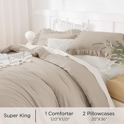 Andency Oversized King Ruffle Comforter Set 120x120, 3 Pieces Wheat Lightweight Fluffy Super King Bedding Set, Shabby Chic Famhouse All Season Bed Set for Girls Women