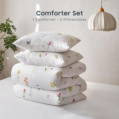 Wake In Cloud - Floral Comforter Set, Cottagecore Cute Aesthetic Watercolor Tiny Flowers and Leaves, Soft Lightweight Bedding for Women Teen Girls, 3 Pieces, White, Twin/Twin XL Size