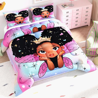 Black Girl Comforter Set, 3D Rainbow Pink glaxy Pattern for Kids Girls Adults,Decorative Bedding Comforter Sets with 2 Pillow Shams, Queen Size