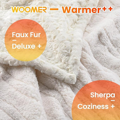 WOOMER Heated Blanket Full Size 77" x 84", Electric Blanket with a Control, 0.5-12 Hours Timer & 10 Heating Levels, ETL Certified, White Roses Patterns Faux Fur & Sherpa, Machine Washable