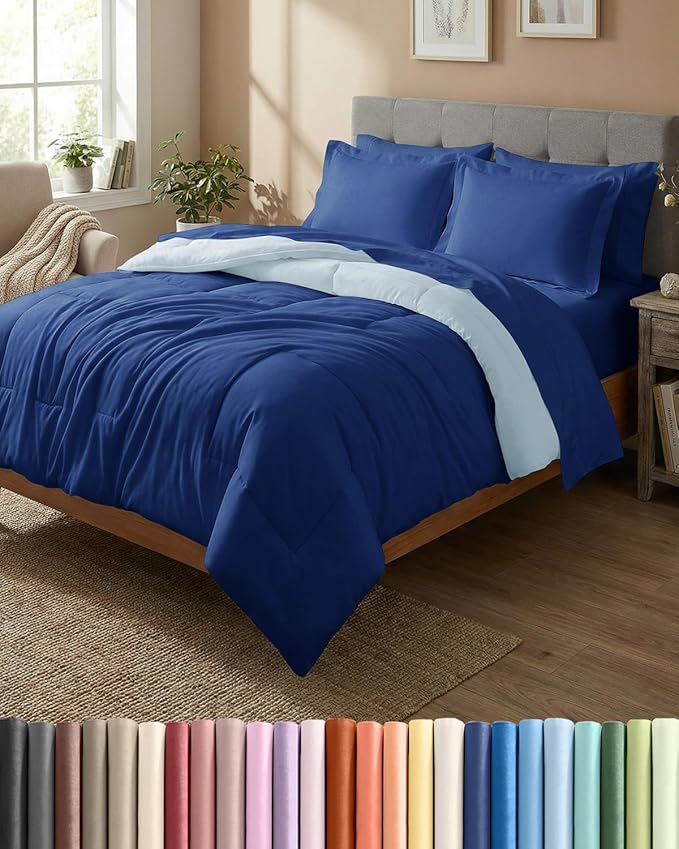 Queen Comforter Set - 7 Piece Bed in a Bag Queen Size Bed Set - Down Alternative Comforter, Flat Sheet, Fitted Sheet, Pillowcase & Shams for All Seasons - Soft, Comfy & Breathable - Navy Blue/Sky Blue