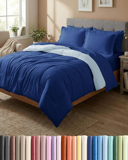 Queen Comforter Set - 7 Piece Bed in a Bag Queen Size Bed Set - Down Alternative Comforter, Flat Sheet, Fitted Sheet, Pillowcase & Shams for All Seasons - Soft, Comfy & Breathable - Navy Blue/Sky Blue