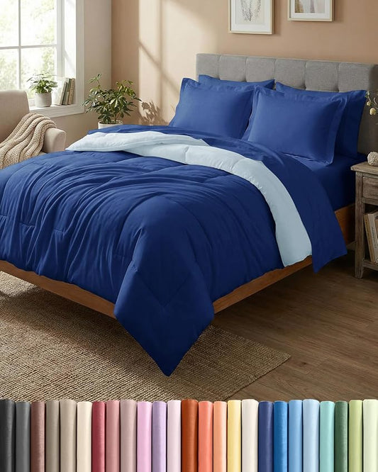 Queen Comforter Set - 7 Piece Bed in a Bag Queen Size Bed Set - Down Alternative Comforter, Flat Sheet, Fitted Sheet, Pillowcase & Shams for All Seasons - Soft, Comfy & Breathable - Navy Blue/Sky Blue