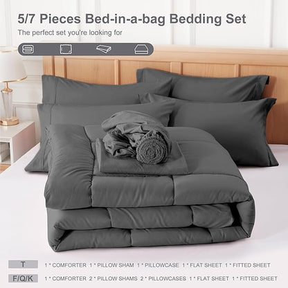 Newspin Queen Comforter Set Grey - Bed in a Bag Queen Size 7 Pieces, All Season Bed Set, Fluffy Comforter Set with Sheets, Sheet Set Quilt Blanket, Pillowcases & Shams