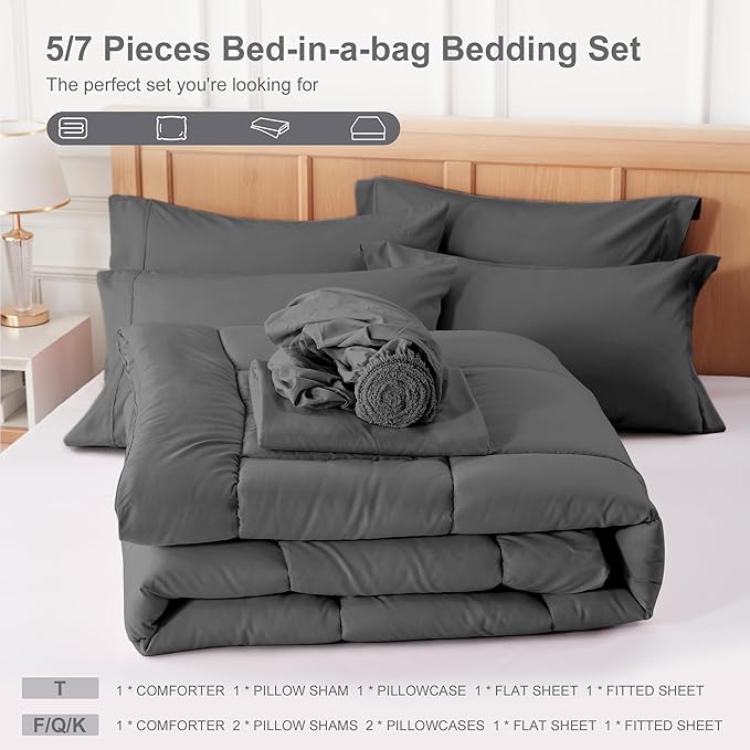 Newspin Twin XL Comforter Set Grey - Bed in a Bag Twin XL Size 5 Pieces, All Season Bed Set, Fluffy Comforter Set with Sheets, Sheet Set Quilt Blanket, Pillowcases & Shams