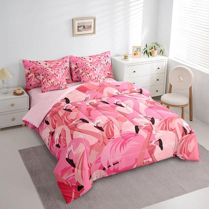 Erosebridal Flamingo Animal Girls Women King 7-Piece Comforter Set | Kawaii Cute Sheets and Pillowcases Romantic Bed in A Bag Black Pink Bed Sets