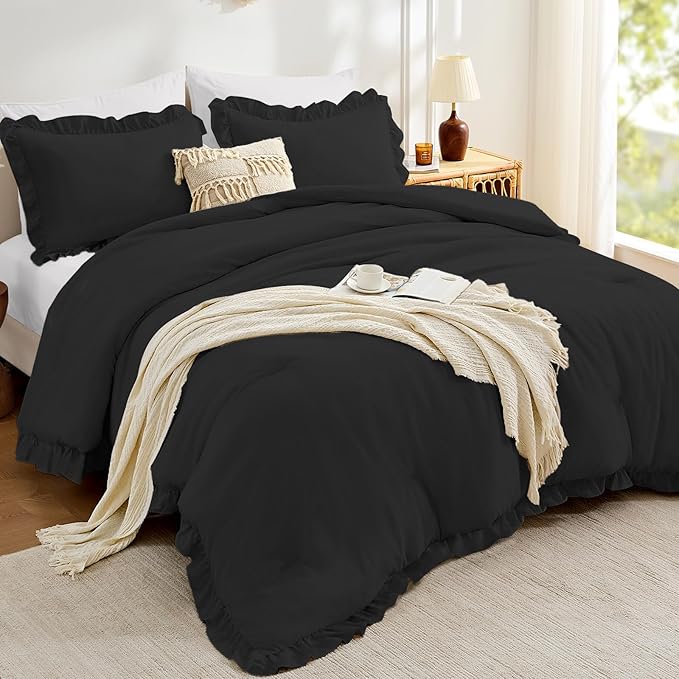 FUANNA King Size Comforter Set Black, 3 Pieces Ruffle King Bedding Set, Fluffy Farmhouse Bed in a Bag King with 1 Lightweight Comforter & 2 Pillowshams