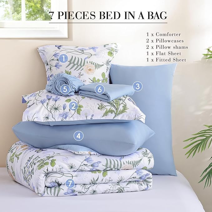 Yiran King Size Comforter Set, 7 Pieces Blue White Floral Soft Bedding Sets, King Bed in a Bag Botanical Flowers All Season Comforter, Sheets, Pillowcases & Shams