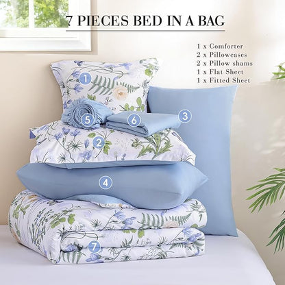 Yiran Queen Comforter Set, 7 Pieces Blue White Floral Soft Bedding Sets, Queen Bed in a Bag with Botanical Flowers All Season Comforter, Sheets, Pillowcases & Shams
