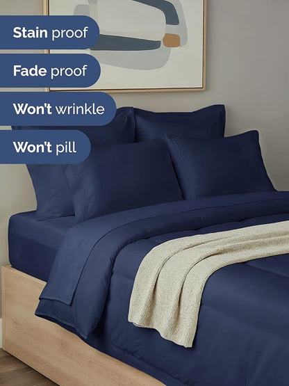 King Comforter Set - 7 Piece Bed in a Bag King Size Bed Set - Down Alternative Comforter, Flat Sheet, Fitted Sheet, Pillowcase & Shams for All Seasons - Ultra Soft, Comfy and Breathable - Navy Blue