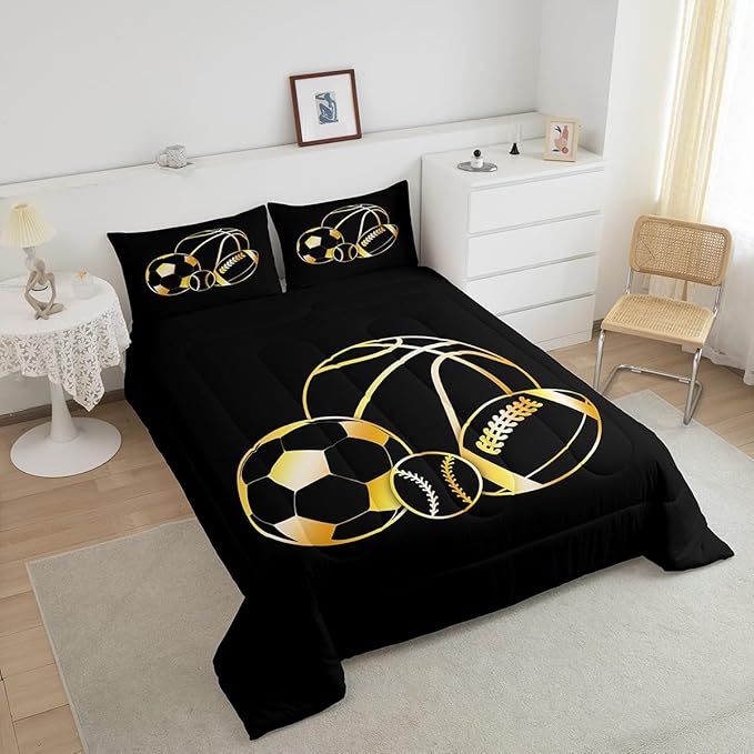 Feelyou Football Sports Comforter Set Toddler Size Soccer Ball Game Comforter for Boys Girls Teens Basketball Bedding Set Baseball Duvet Set Room Decor Dull Black Mixed Ball Quilt Set