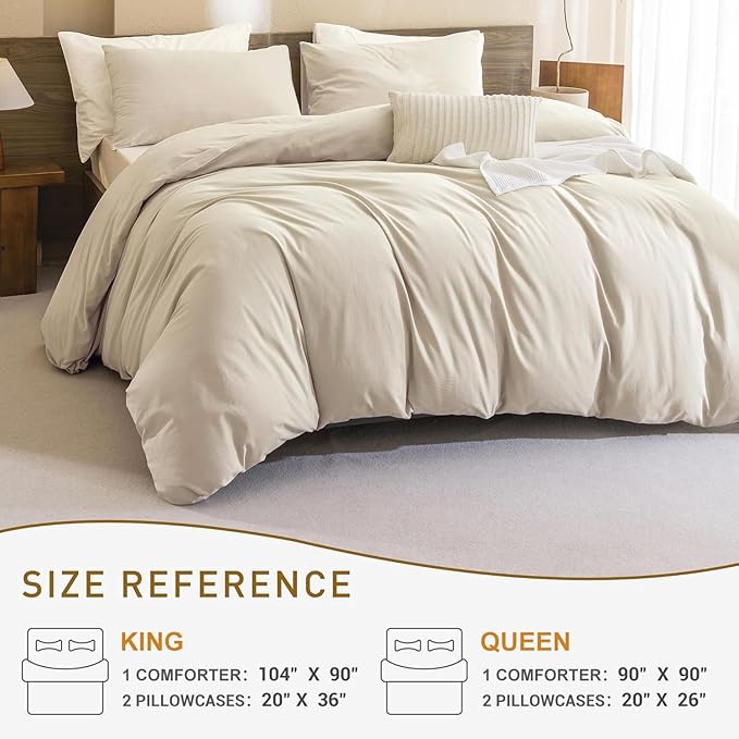 CozyTide King Comforter Set(104×90 Inch),Cotton Wheat Boho Bedding Comforter Set, 3 Pieces(1 Solid Color Comforter and 2 Pillowcases) Soft Lightweight Fluffy Bedding Set