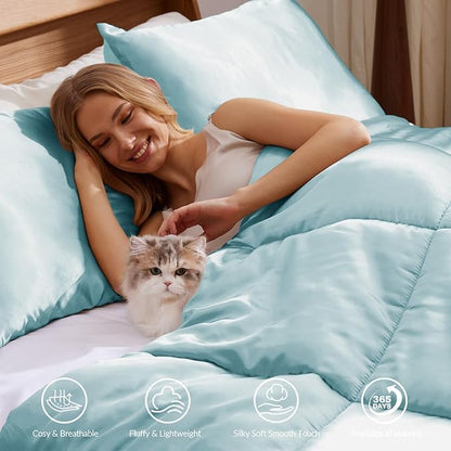 Whale Flotilla 2-Piece Reversible Silky Soft Twin Size Comforter Bedding Set, Luxurious Satin Comforters with Satin Pillowcase, Lightweight Duvet for All Seasons, Haze Blue