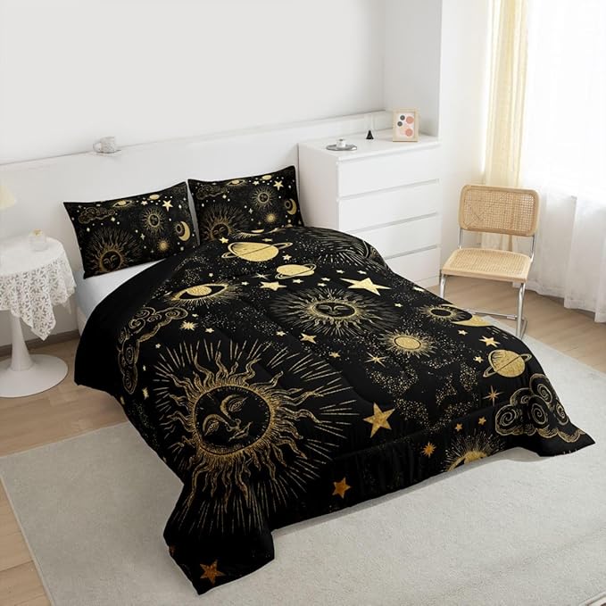 Erosebridal Star Moon Bedding Set King Size,Starry Sky Series Comforter Set Kids Child,Cosmic Planets Sun Face Pattern Duvet Insert Boys Girls,Hippie Quilted Duvet,Soft Living Bedroom Decor