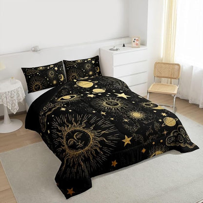 Erosebridal Star Moon Bedding Set King Size,Starry Sky Series Comforter Set Kids Child,Cosmic Planets Sun Face Pattern Duvet Insert Boys Girls,Hippie Quilted Duvet,Soft Living Bedroom Decor
