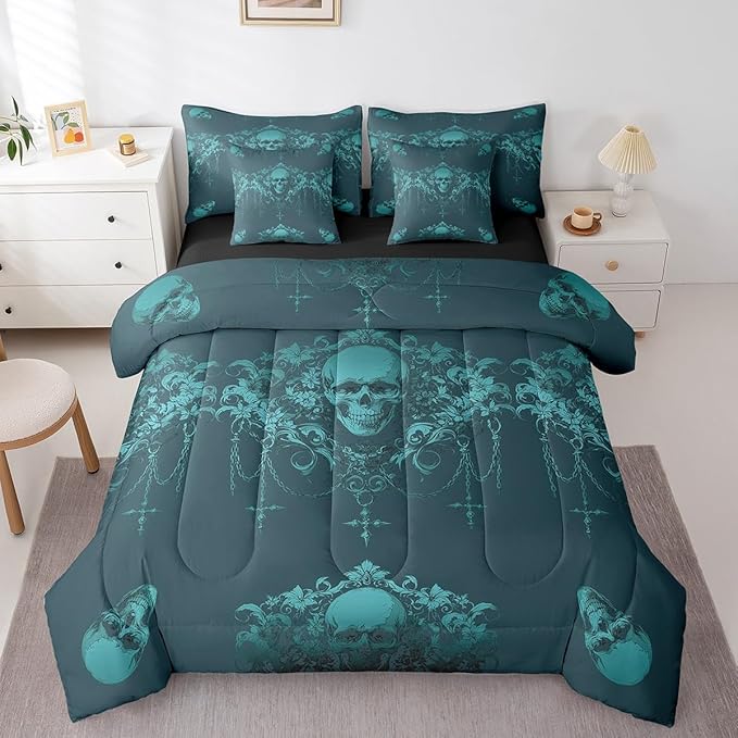 Gothic Bed in a Bag King Size Comforter Set 7 Pieces,Goth Sugar Skull Bedding Set,Teal Turquoise Damask Bohemian Vintage Floral Comforter and Sheet Set,Exotic Antique Victorian Baroque Decor
