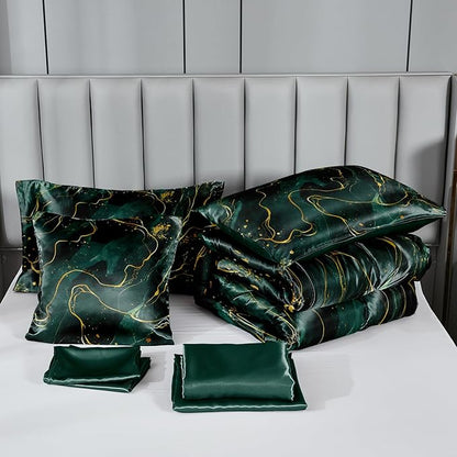 Green Marble Comforter Sets King Silky Satin Bedding Emerald Green Gold Marble Stone Texture Silk Like Abstract Bed in A Bag with Comforter and Sheet Set