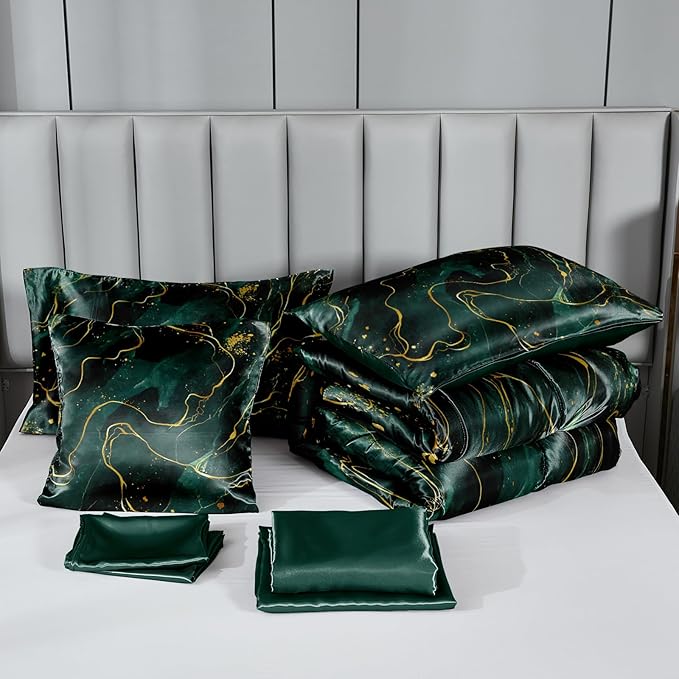 Green Marble Comforter Sets Queen Silky Satin Bedding Emerald Green Gold Marble Stone Texture Silk Like Abstract Bed in A Bag with Comforter and Sheet Set