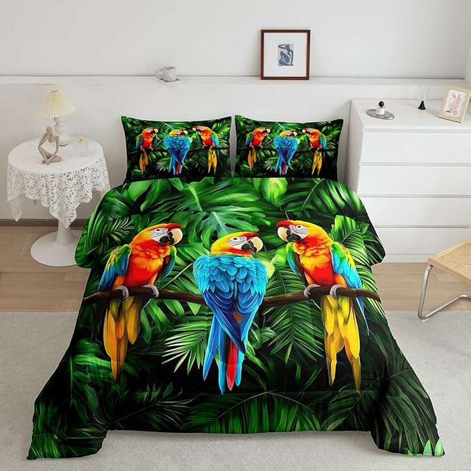 Erosebridal Parrot Bedding King Size,Watercolor Animal Feather Down Comforter,Palm Leaf Comforter Set for Kid Teens Boys Man,Modern Tropical Plant Birds Bedroom Decor 3 Pcs Bedding Set