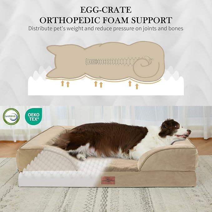 Comfort Expression Waterproof Orthopedic Foam Dog Beds for Extra Large Dogs Sofa Pet Bed Washable Removable Cover with Zipper and Bolster 53" L x 42" W x 8.5" Th, Light Brown