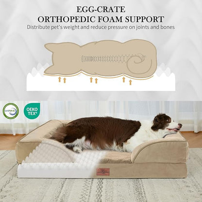 Comfort Expression Orthopedic Dog Bed for Extra Large Dogs 48x30 Inch, Waterproof Egg Crate Foam XXL Pet Bed with Removable Bolsters, Dog Couch with Washable Cover & Non-Slip Bottom, Light Brown