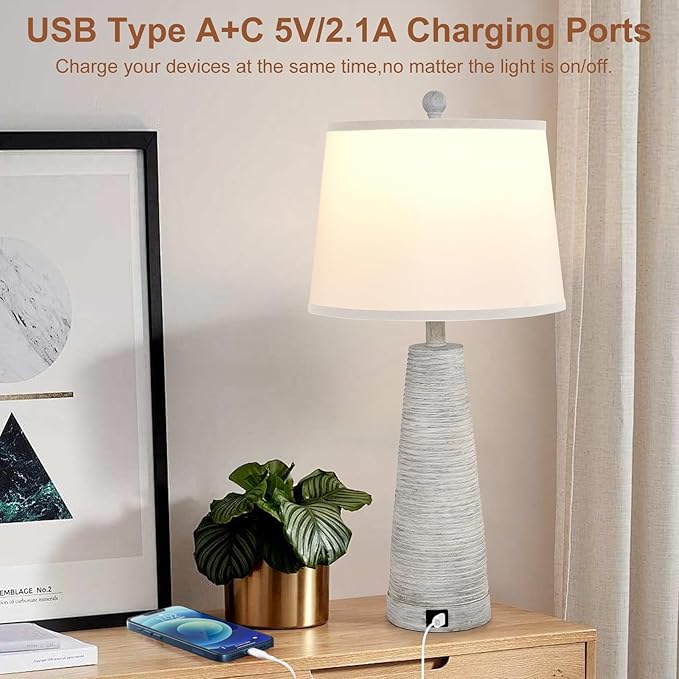 Terpsichore Nightstand Lamp Bedside Lamps Set of 2 Vintage Rustic Farmhouse Table Lamp 3 Way Dimmable Horizontal Stripe Light,for Living Room Bedroom,USB A+C (White, High 27 Inch)