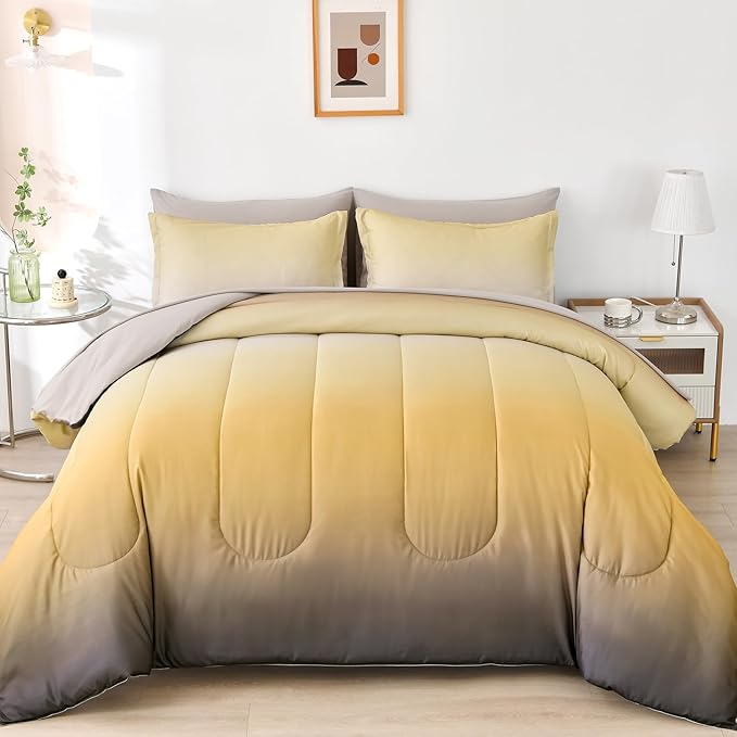 Anibedding Gradient Yellow Comforter Set King Size 7 Pieces Ombre Yellow and Grey Bed in a Bag Complete Bedding Set - Breathable Solid Grey Bed Sets w/Flat/Fitted Sheet, 2 Pillowcases, 2 Pillow Shams