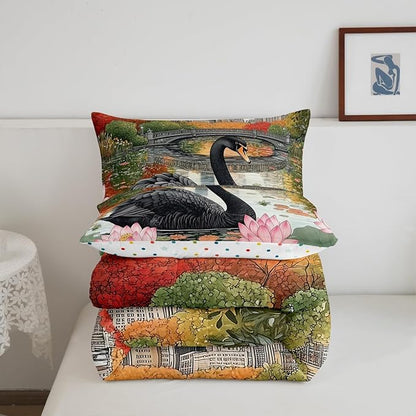 Black Swan Kids Toddler Comforter Sets,Wild Birds Pond Reversible Bedding Set for KidsChildren,Watercolor Lotus Flowers Leaves 2 Pieces Quilt Sets,Modern City Landscape Duvet Insert,1 Pillow Case