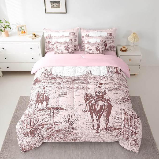 Feelyou Pink Western Decor Comforter Set with Sheets Twin Size Kids West Cowboy Horse 7 Pieces Bedding Set for Boys Girls Teens Rodeo Cowboy Style Bed in a Bag Breathable Grunge Design Bed Set